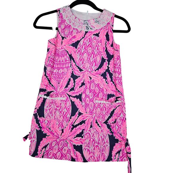 Lilly Pulitzer Girls 8 Waverly Dress Pink Navy Pineapple Lace Sheath Preppy - Picture 1 of 4